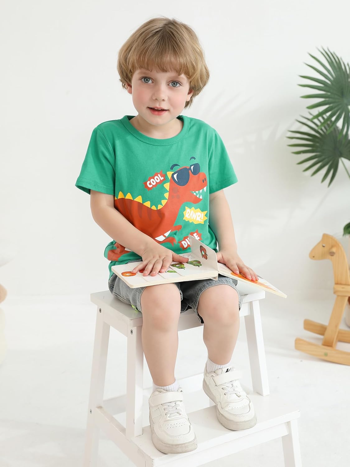 Poroka 4 Pack Toddler Boys Short Sleeve T-Shirts Crewneck Tee Shirts Cotton Cartoon Graphic Tops Tees Excavator Dinos Animal - Image 7