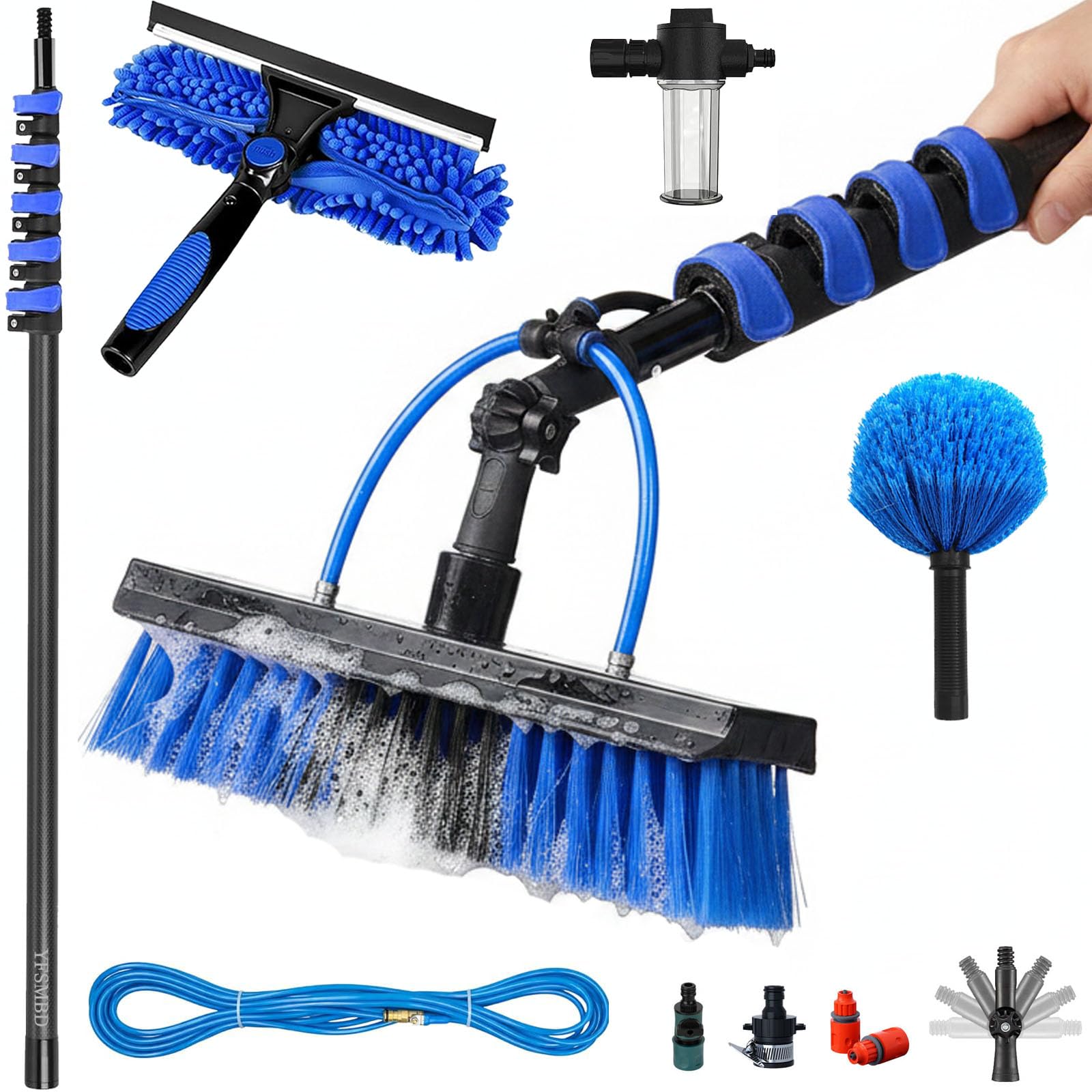 Yfsmbd Men's Blue Carbon Fibre Telescopic Water Fed Pole 33Ft Washing Kit: Cleaning Brush, Squeegee, Soap Dispenser, Cobweb Brush, 10M Extendable Pole & 20M Hose, Cleaning Solar Panels, Windows, Roofs & Car