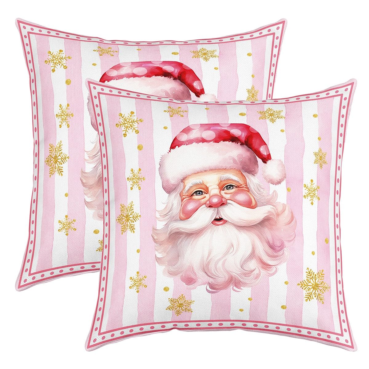 Richhome Multi 14 Cartoon Santa Claus Pillow Covers For Couch Set Of 2,New Yrar Decor Golden Snowflake Christmas Theme Pillow Covers 16"X16",Girly Pink Stripes Square Cushion Cases Set