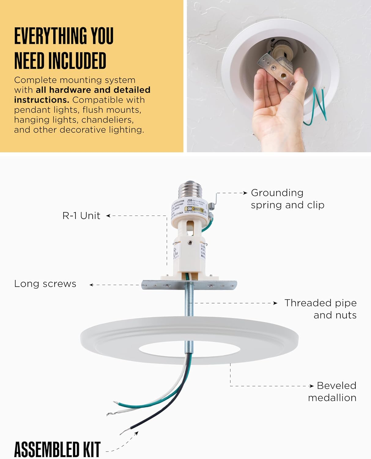 The Can Converter R1 Recessed Can Light Conversion Kit w/ 8¼" Steel Beveled Ceiling Medallion - Home Improvement for 4", 5" & 6" Cans, Fan & Light Fixture Converter Kit, UL Certified, White