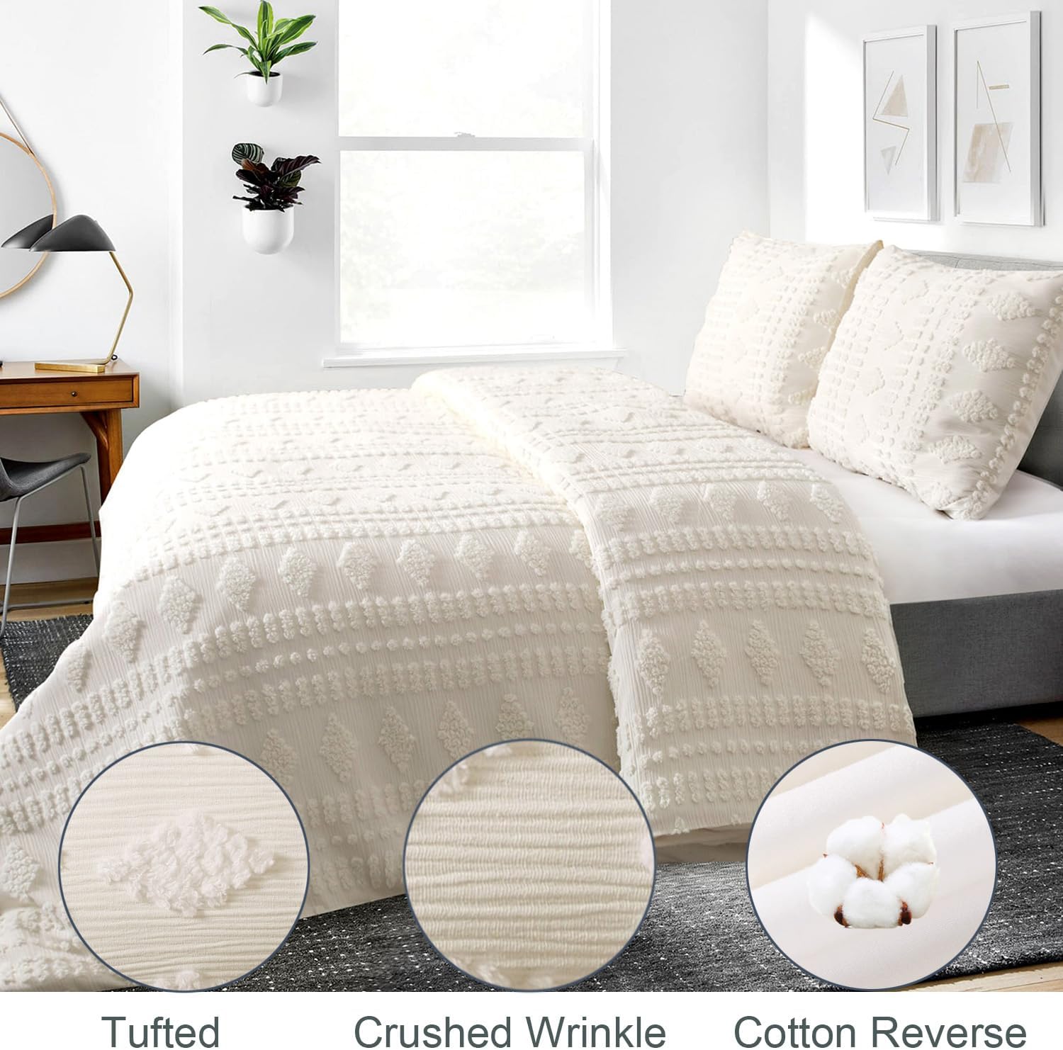 YINFUNG Tufted Duvet Cover Queen Cream Ivory Boho Cotton Beige Shabby Chic Striped Off White Diamonds Poms Textured Embroidery Moroccan Bedding Set Farmhouse Geometric