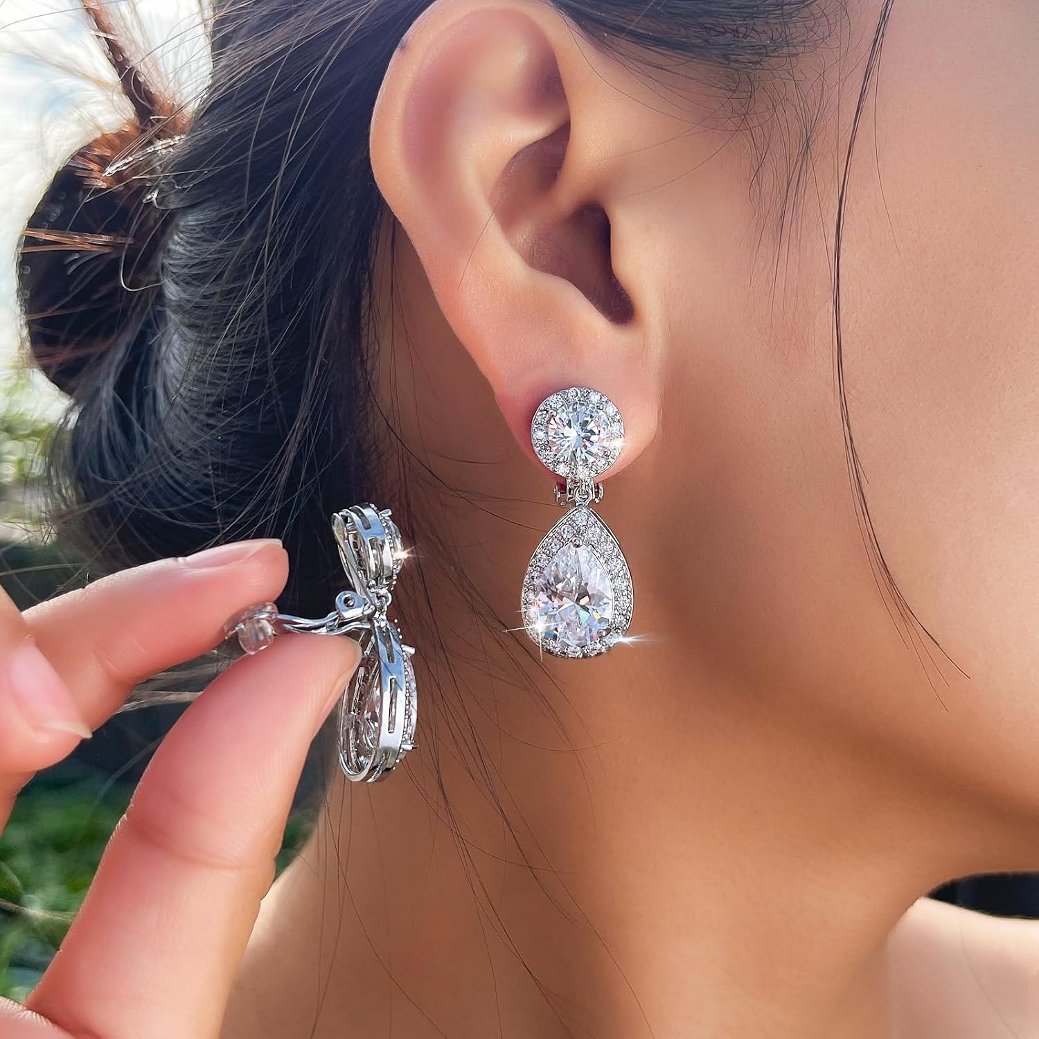 Elegant Cubic Zirconia Long Clip-On Earrings, Teardrop Crystal Dangle Design, Non-Pierced Ears, Wedding Bridal Party Jewelry