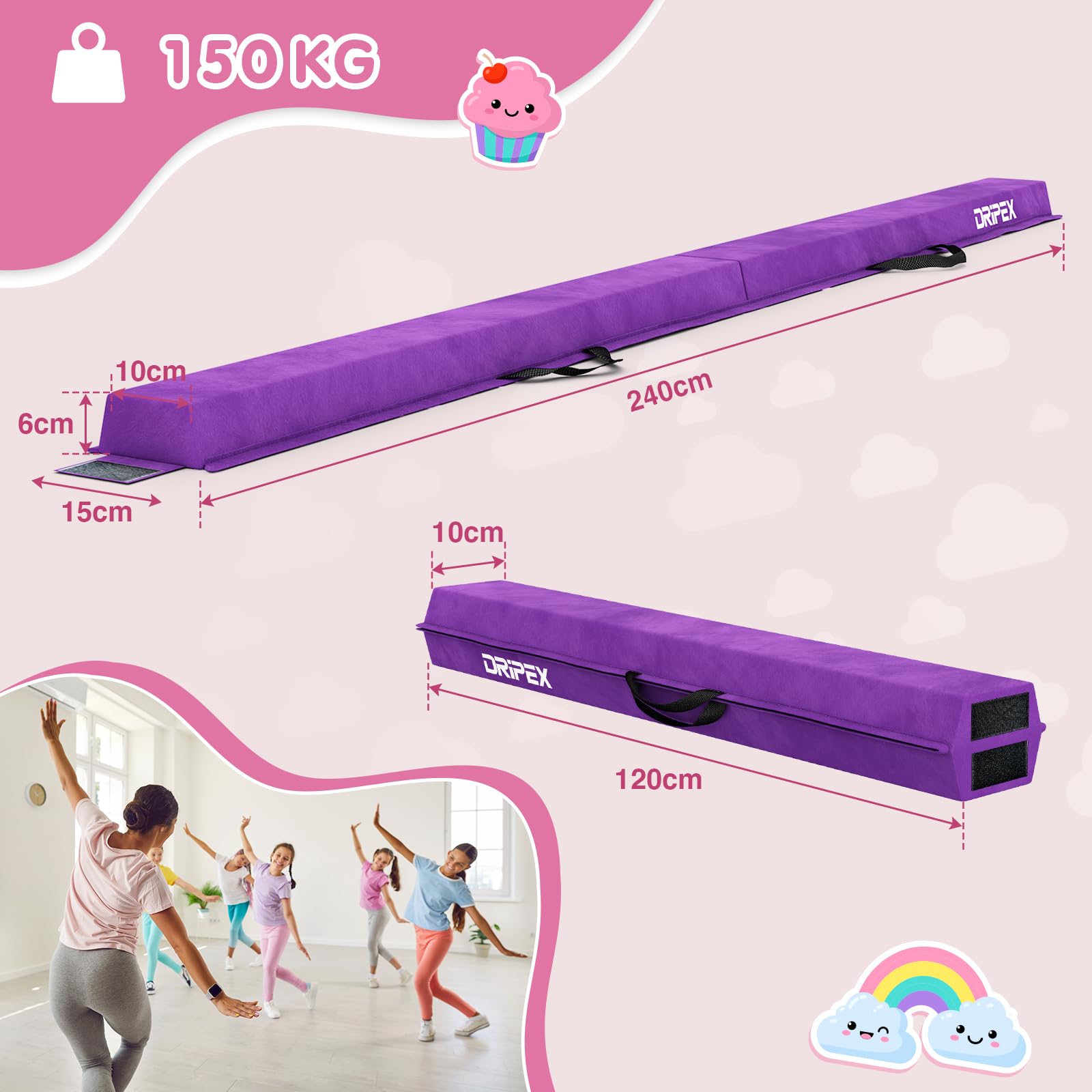 Dripex Barra de equilibrio para niños, plegable, para casa, 210/240 cm, EVA, barra de equilibrio, con bolsa de transporte, rígida, antideslizante, para niños, principiantes, gimnasia, fitness