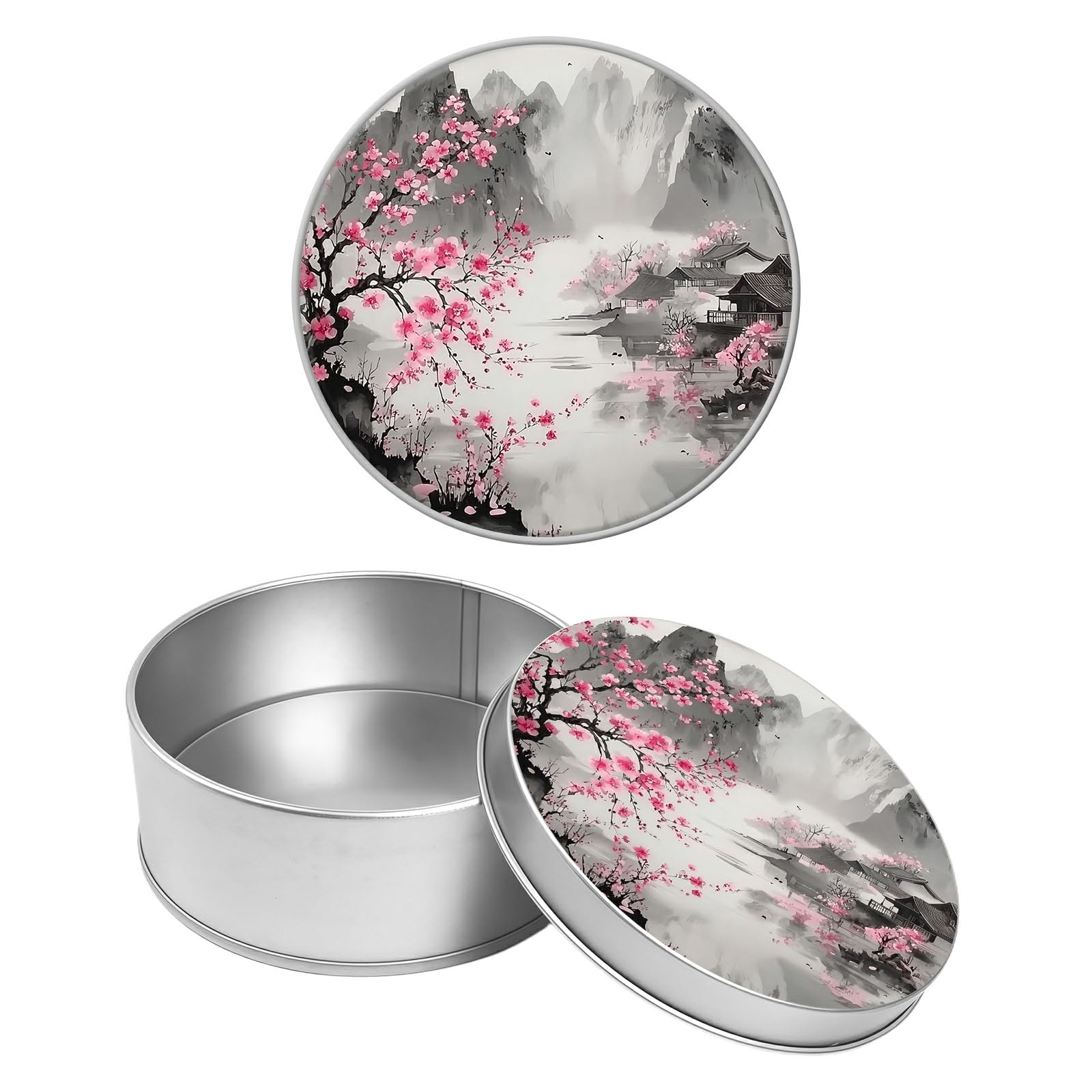 Round Metal Tin Container with Removable Lid, Cherry Landscape Durable Metal Storage Box for Crafts Snacks Candies Office Supplies Small Items 3.54 x 1.38 inch– Single Pack