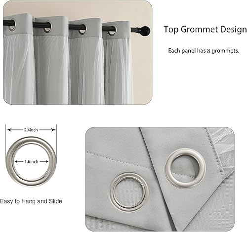 Miniatura 4 de Cortinas opacas del 90% al 95% con transparente aplastado, juego de 2 paneles de cortina parte superior con ojales plateados antiguos, gris claro,