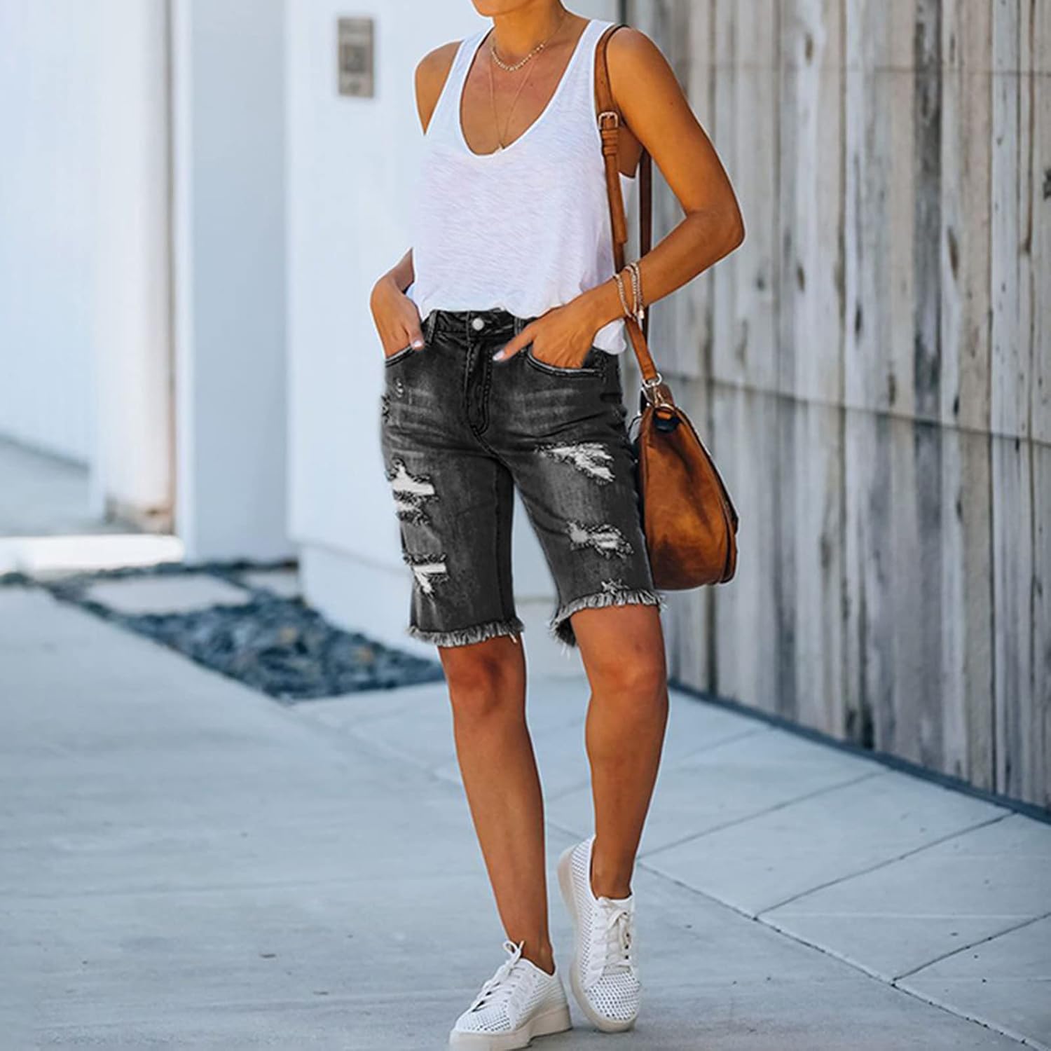 LONGYIDA Womens Jean Shorts High Waisted Denim Bermuda Shorts Ripped Distressed Knee Length Stretch Denim Jean Short - Image 3