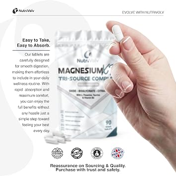 Magnesium XR Tri-Source Complex | 90 Vegan Tablets | Magnesium Bisglycinate, Citrate & Oxide, L-Theanine, Taurine & P-5-P B6 | Muscle & Nervous System Support | 45 Days | UK Made | by NutriVolv