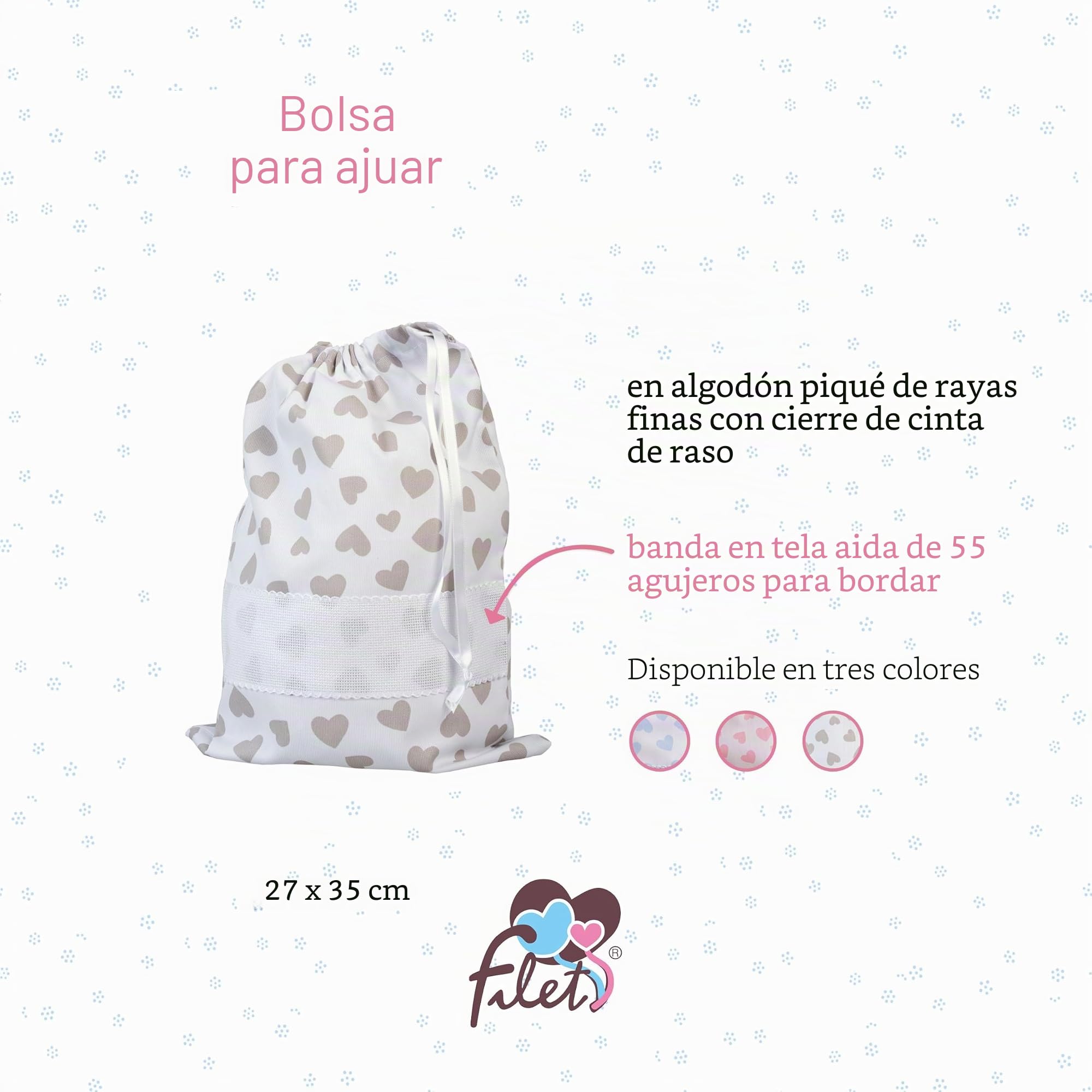 Filet - Bolso De Canastilla Bebé con Cierre De Cordón para Bordar, Fabricada en algodón Piquet Estampado, Fabricada en Italia, Fantasía Corazones Beige, Moderno