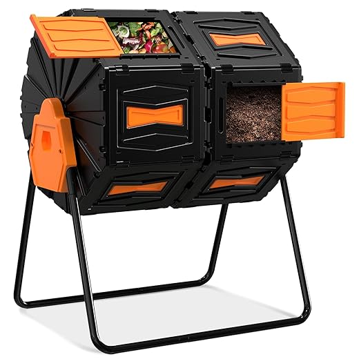 Compost Tumbler, Easy Assemble & Efficient Outdoor Compost Bin, 45 Gallon/170 Liter Large Dual Chamber Rotating Composter for Garden, Kitchen, and Yard Waste, Orange Door