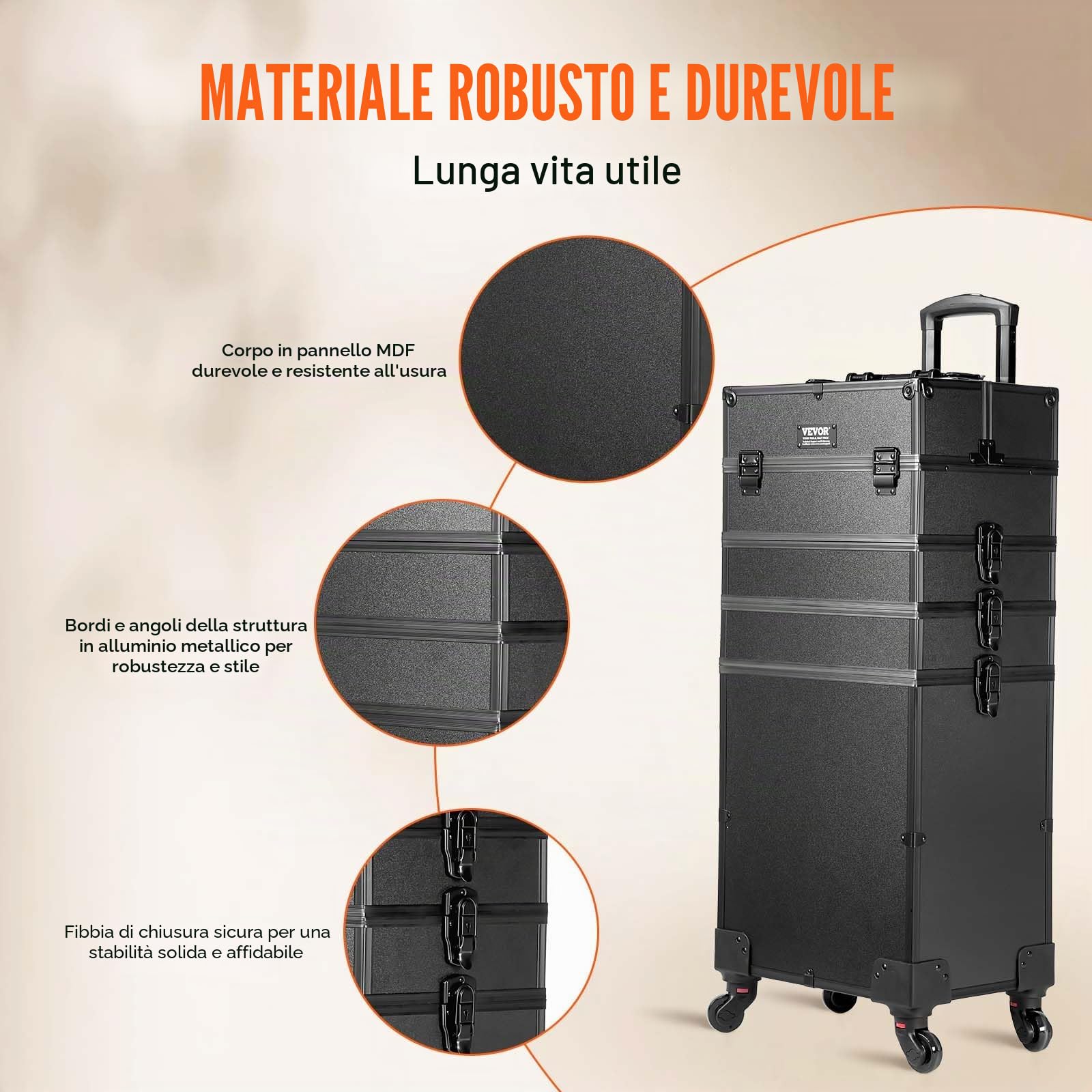 VEVOR Valigetta per Trucco con Ruote 5 in 1, Valigia Portatile da Viaggio con Manico a Ruote per Estetista Parrucchiere, Scatola a Ruote per Trucco Professionale Telaio in Alluminio Impermeabile Nero