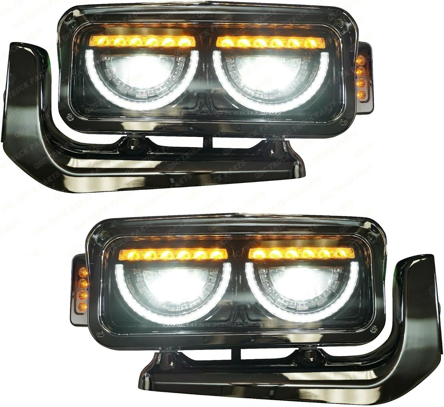 QSC Truck Parts Black Full LED Headlight Set w/Mounting Arm Compatible with Peterbilt 357 359 379 389