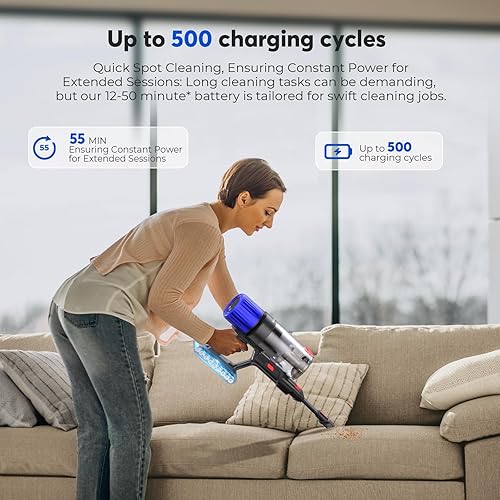 Miniatura 5 de Teendow Aspiradora inalámbrica, aspiradora de palo que maneja específicamente el pelo de mascotas, hasta 50 minutos, potente succión de 500 W,