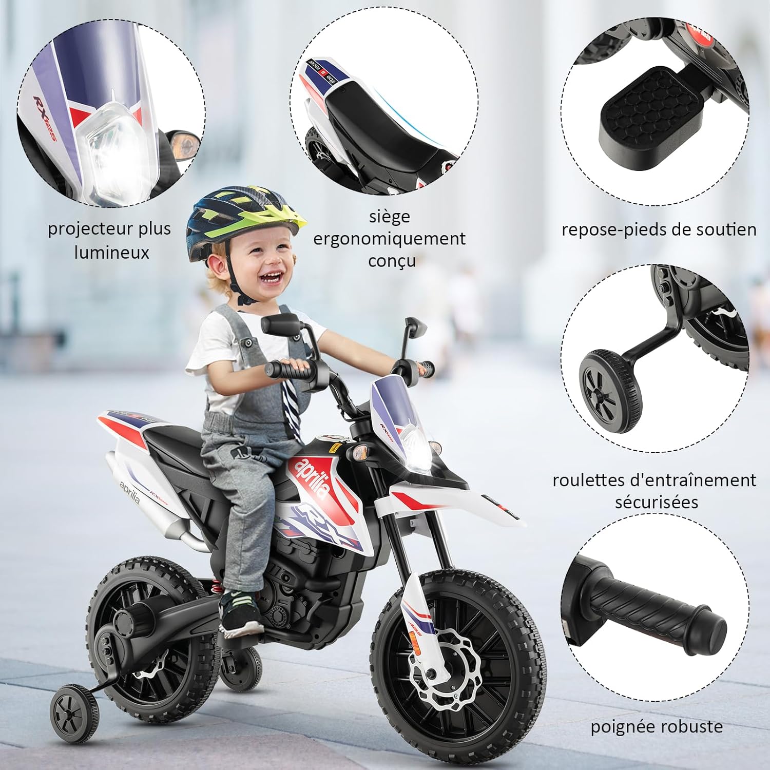 Child riding GOPLUS Aprilia RX125 showing stabilizer wheels