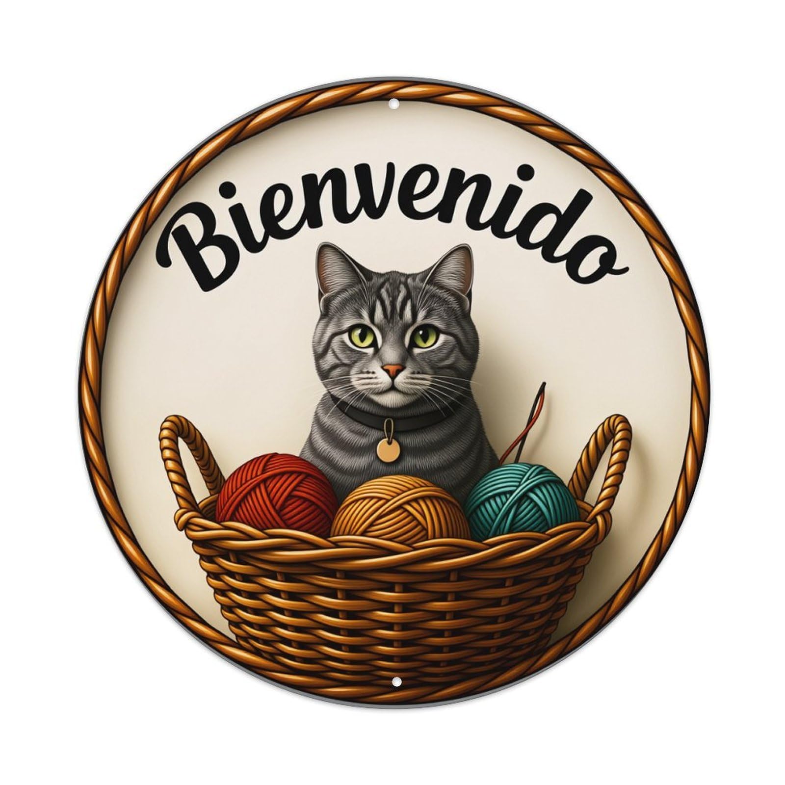 Cat In Basket With Yarn Metal Tin Sign Vintage Garden Bedroom Cafe Bar Man Cave Home Wall Decor Metal Poster 8x8 inches