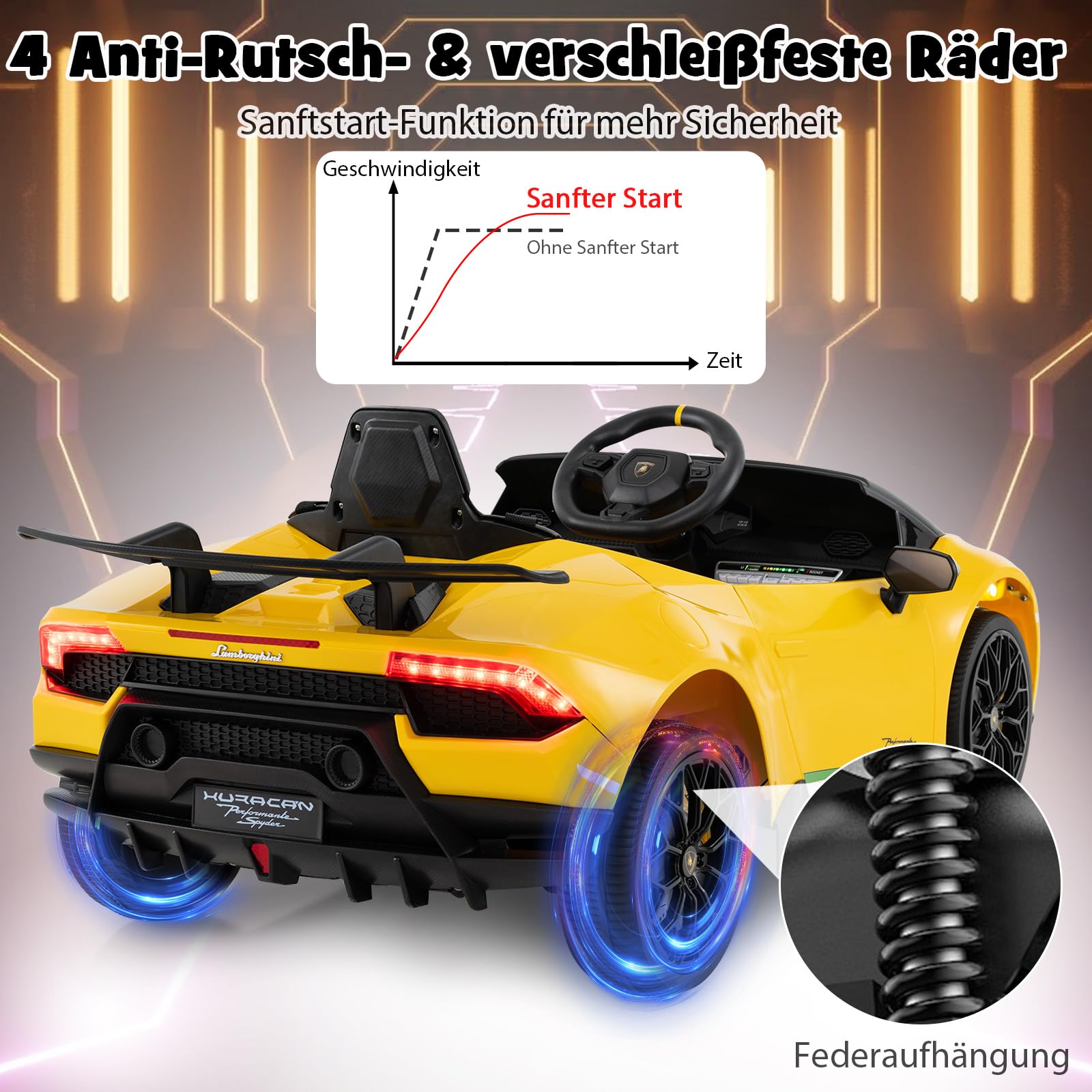 DREAMADE Lamborghini Kinder Elektroauto, 12V Kinderauto mit Fernbedienung, LED-Leuchten, Musik, Hupe, Softstart & Stoßdämpfern, Elektrofahrzeuge für Kinder ab 3 Jahre (Gelb)
