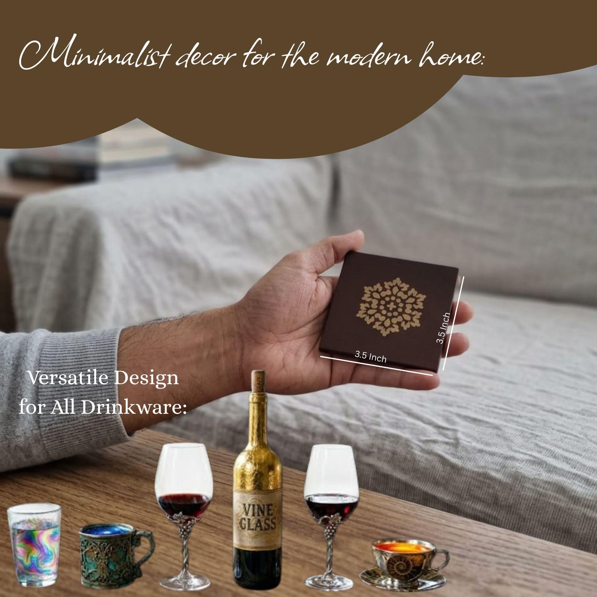 Premium Handmade Wooden Tea Coasters for Dining Table Set of 4 with Holder 150°C high Heat Resistant Drink Coasters for Coffee Mugs, Cups and Glasses hardWood walnut with golden design Gifting — Amazon image 5
