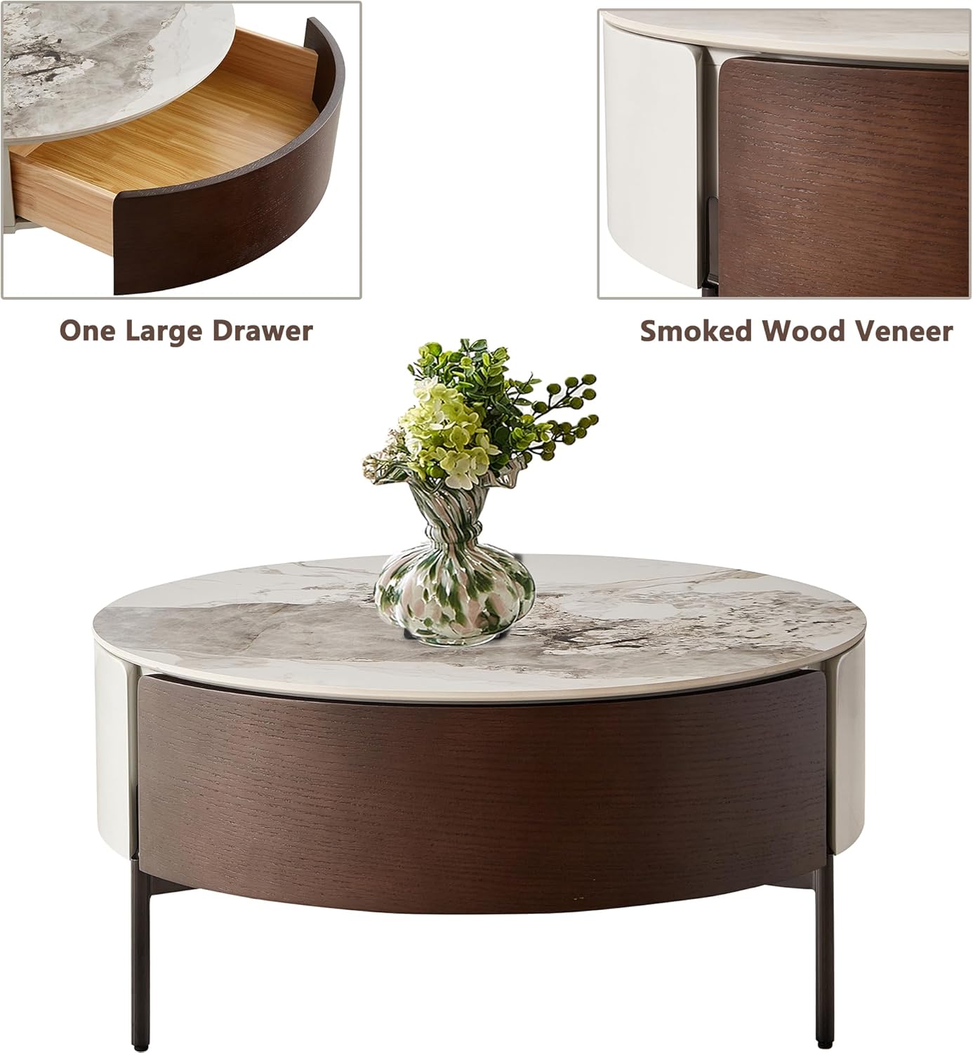 31.5 Inch Round Marble Coffee Table with Drawers & White Sintered Stone Top, Modern Living Room Center Table Metal Legs Accent Furniture (Off White)