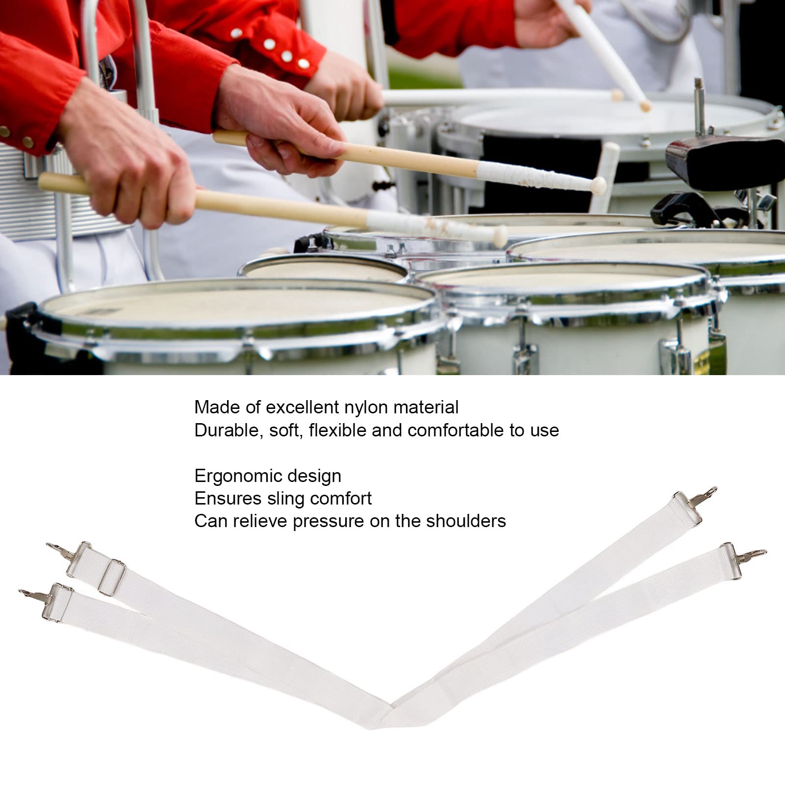 Drum Strap Belt, Bass Drum Strap, Bass Drum Strap Soft Nylon Elástico Ajustable Ergonómico Cómodo Doble Hombro Drum Strap Belt para Bass Drum Blanco
