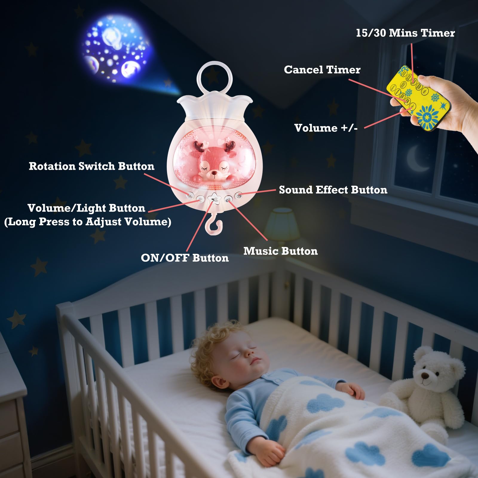 KalaDuck Cot Mobiles for Babies with Music Rotatable Crib Mobile with Projection, Timing Function and Baby Rattles Toy - Image 2