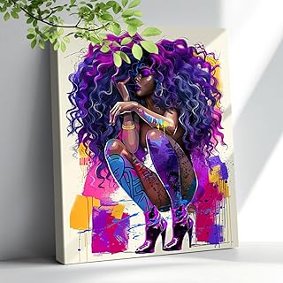 African American Wall Art Graffiti Black Girl Portrait Magic Purple Pict...