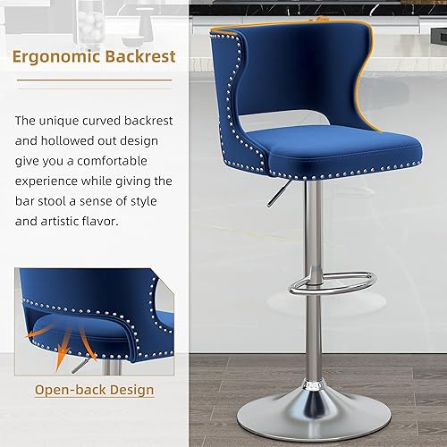 Miniatura 6 de Westice Juego de 2 taburetes de bar, taburetes de bar giratorios de terciopelo ajustables con respaldo hueco, ribete de remache y base cromada