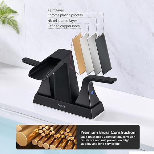 Miniatura 5 de newater - Grifos de baño en cascada para fregadero de 2 a 3 agujeros, grifo de lavabo de baño negro mate de 4 pulgadas con drenaje desplegable de