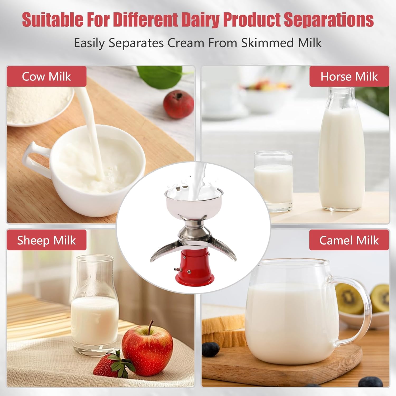 Electric Milk Cream Separator, 50L/h Stainless Steel Centrifugal, 30W Goat Cow Skim Dairy Farm Home Use, 13.2Gal/h