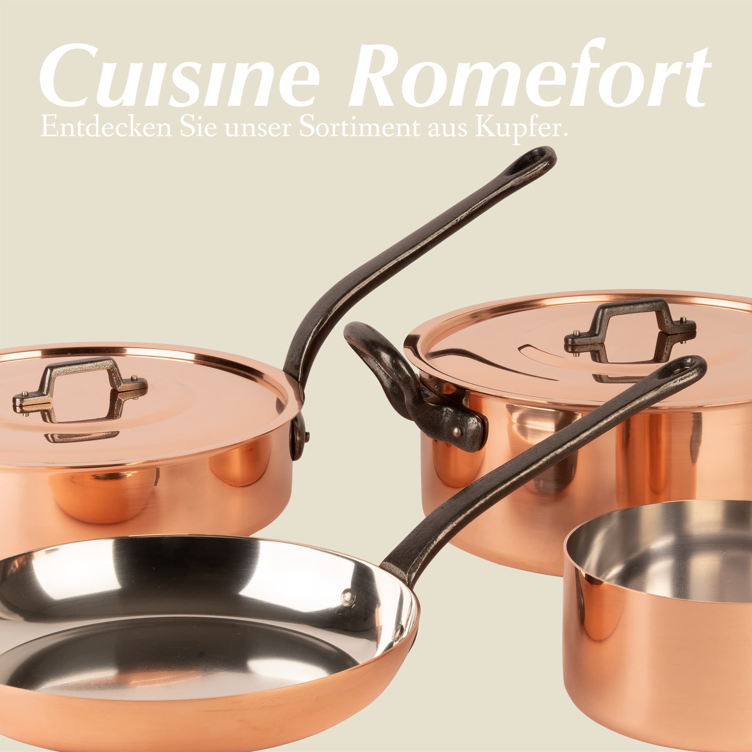 Kupfersauteuse verzinnt mit Gusseisengriff und Deckel Ø 24 cm | traditionelle Schmorpfanne aus massivem Kupfer | Pfanne aus Frankreich mit hohem Rand (24 cm)