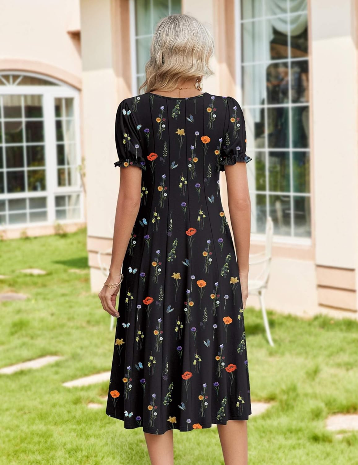 Zeagoo Womens Summer Dress Casual Midi Dresses 2026 Short Puff Sleeve Flare Dress Pleated Flowy Sundress with Pockets - Image 2