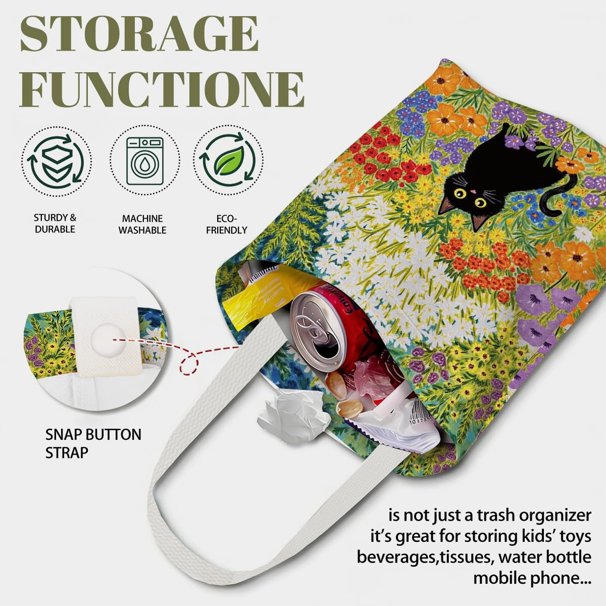 Car Garbage Can, Car Trash Bag Hanging, Country Style Design Hanging Drawstring Adjustable Buckle, SUV, Camping Road Trips, Cute Prints Colorful Flower Field Black Cat 12 x 10 inches image 3