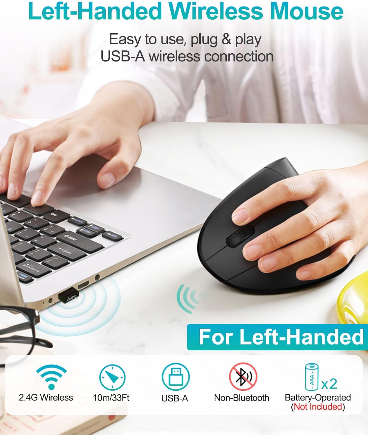 Lekvey Left Handed Ergonomic Mouse, Vertical Wireless Mouse for Left Hand, 2.4G USB Carpal Tunnel Lefty Mouse, 3 Adjustable DPI, 6 Buttons, for Laptop, PC, Computer, Mac, Windows, Desktop - Black