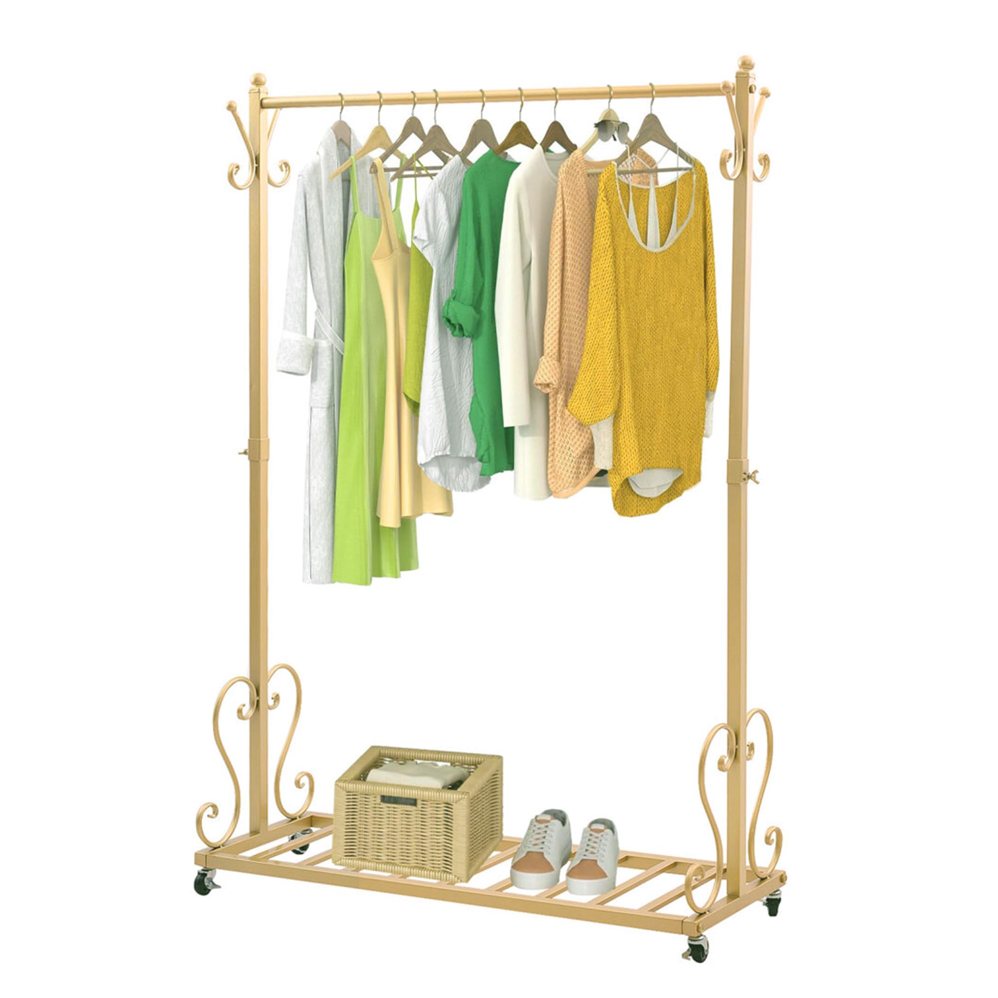 Appendiabiti in Metallo su Ruote, Appendiabiti Sospeso, Porta Abiti Resistente con Ripiano Portaoggetti per Camera da Letto, Ingresso, Balcone, Portata 60 kg, Oro (120cm)