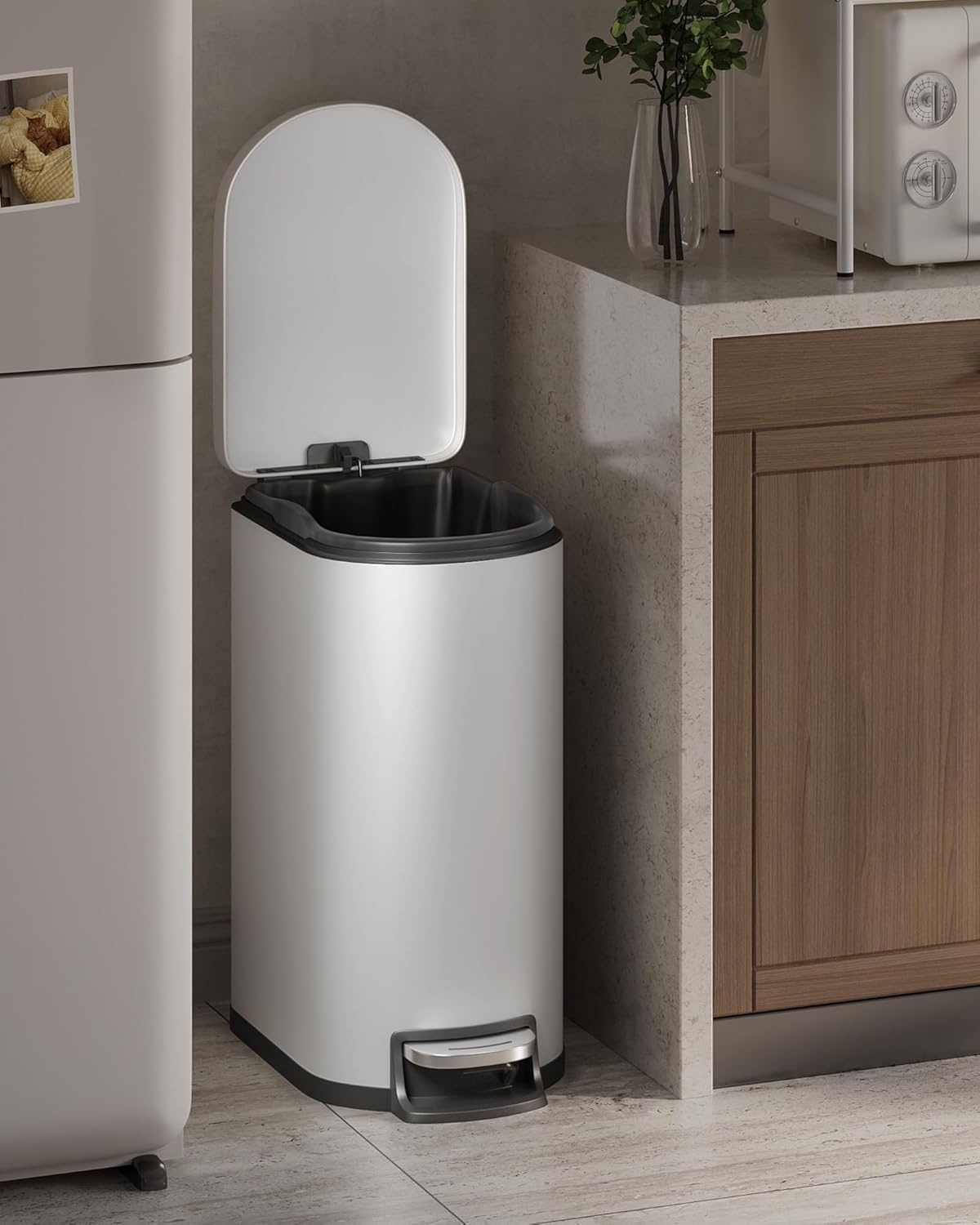 IDEALHOUSE Slim Bathroom Trash Can with Lid Soft Close, 13 gal / 50 L Stainless Steel Trash Bin with Inner Bucket ＆ Rear Handle, Small Step-on Trash Bin for Office Bedroom Kitchen, Creamy White