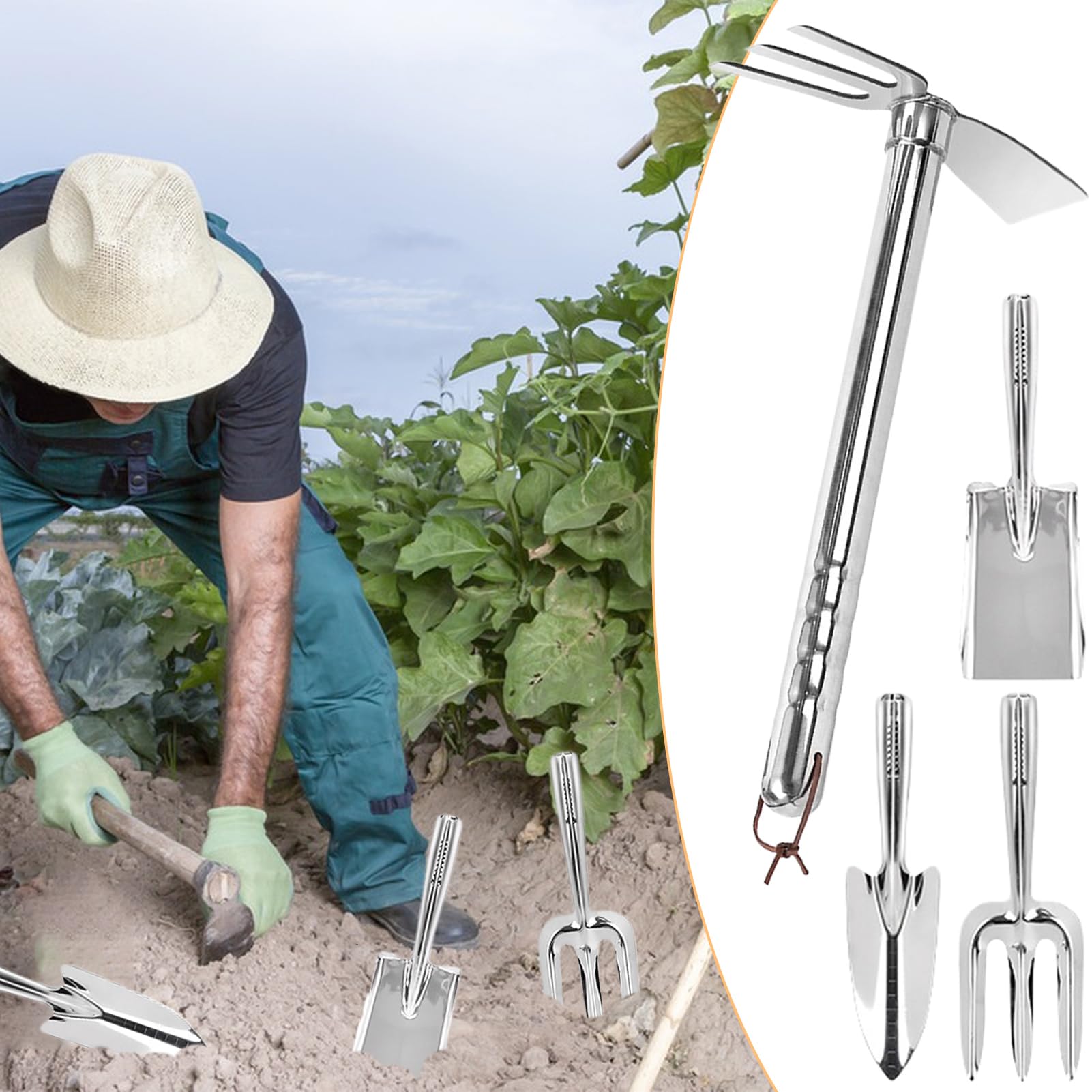 Set Attrezzi Giardino 4 pezzi con manici ergonomici per la lavorazione del | zappa a mano e da giardino per anziani, donne e adulti, ideale per giardino, prato, cortile e patio