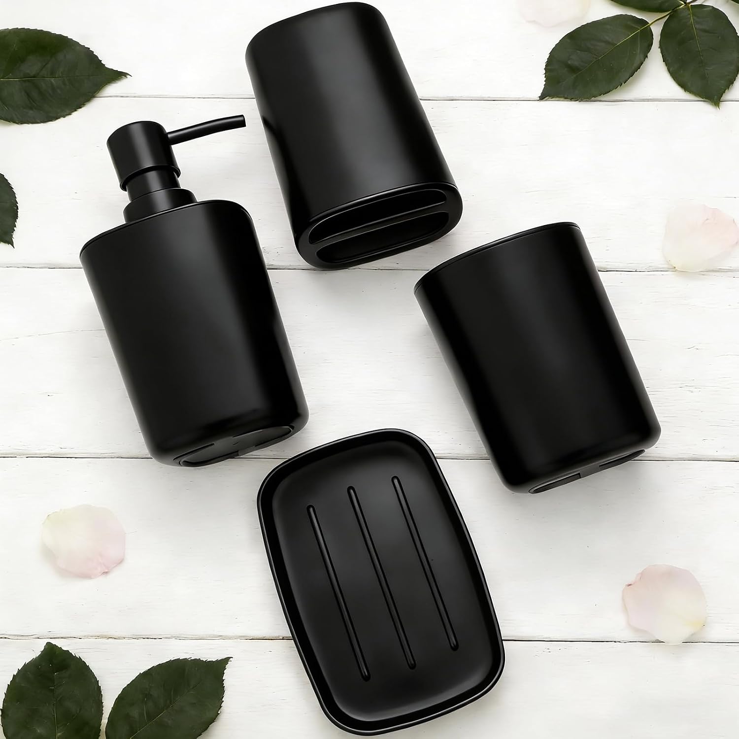 4 Piece Bathroom Accessories Set, Plastic Bathroom Accessory Set- Square Toothbrush Holder Set, Soap Dispenser, Toothbrush Holder, Mouthwash Cup, Soap Dish, Boho Modern Decor for Home,Matte Black