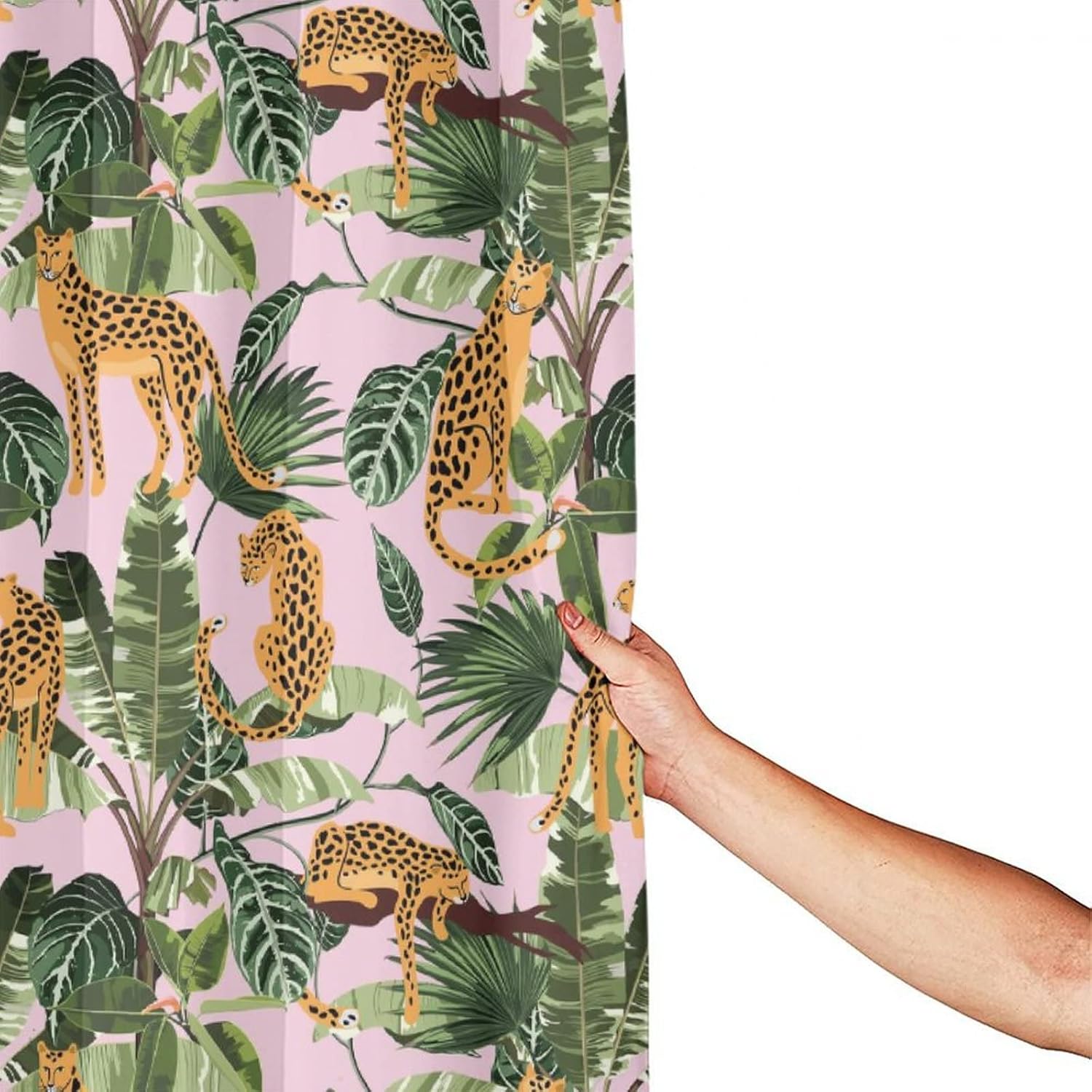 Leopard Palm Leaves Shower Curtain,Abstract Boho Wildlife Tropical Jungle Green Leaf Big Cat Decor Bathroom Curtain 84L x72W Washable Cloth Fabric Bathroom Decor Set with Hooks