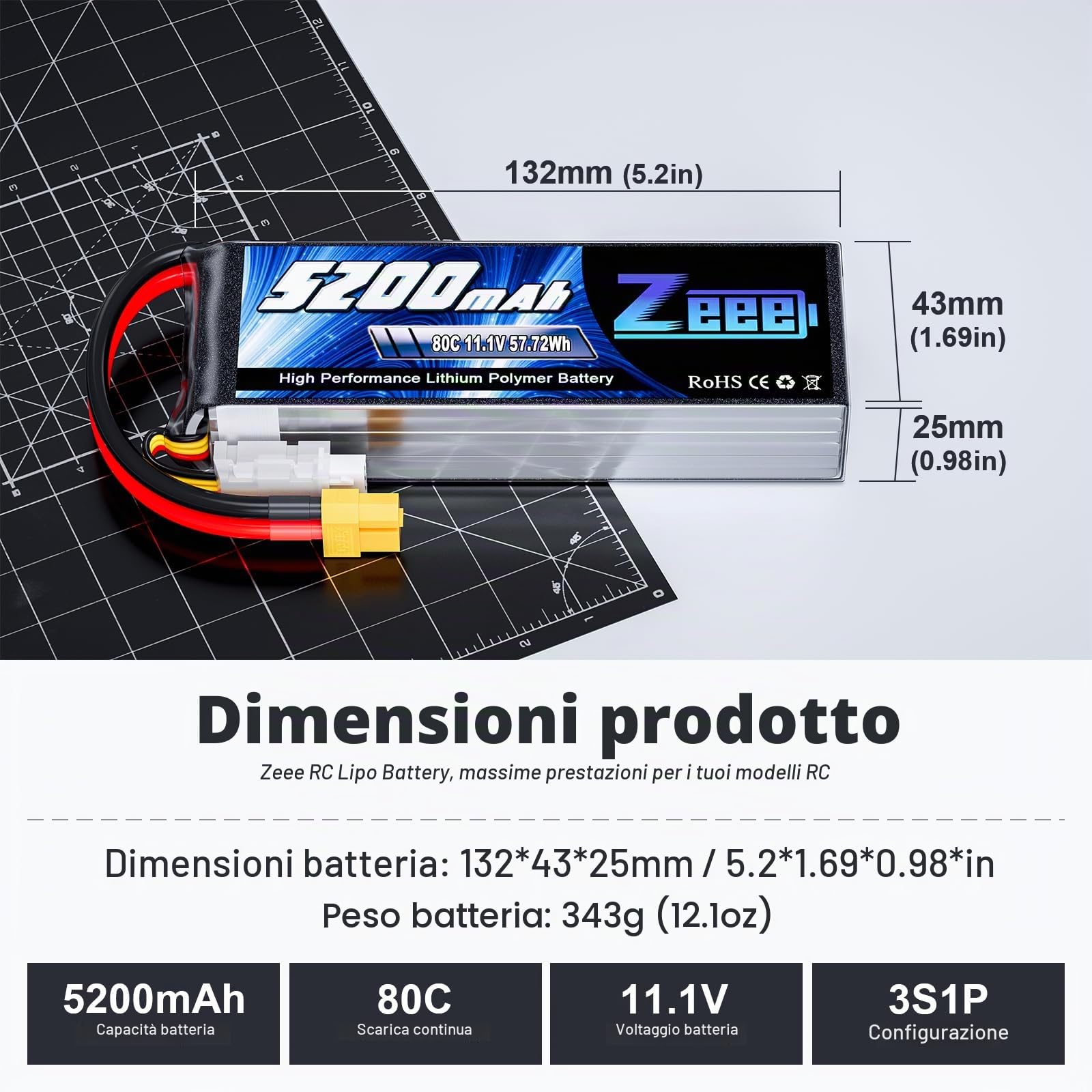 Zeee 3S Lipo 5200mAh 11,1V 80C RC Batteria con Connectore XT60 Spina per RC FPV Racing UAV Drone Evader BX RC Veicolo Auto LKW Truggy RC Nave RC Modells RC Hobby