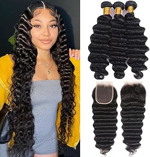 Loose Deep Wave Bundles with Closure(20 22 24+18 Inch,Free Part)100% Raw Human Hair Pre Plucked with Baby Hair 12A Loose Wave Bundles with 4x4 Closure Human Hair Deep Wave