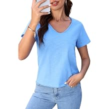 Inadays Womens Slub Cotton T Shirts Short Sleeve V-Neck Raw Hem Summer Tops Loose Fit Tee Basic Clothes Fashion Outfits