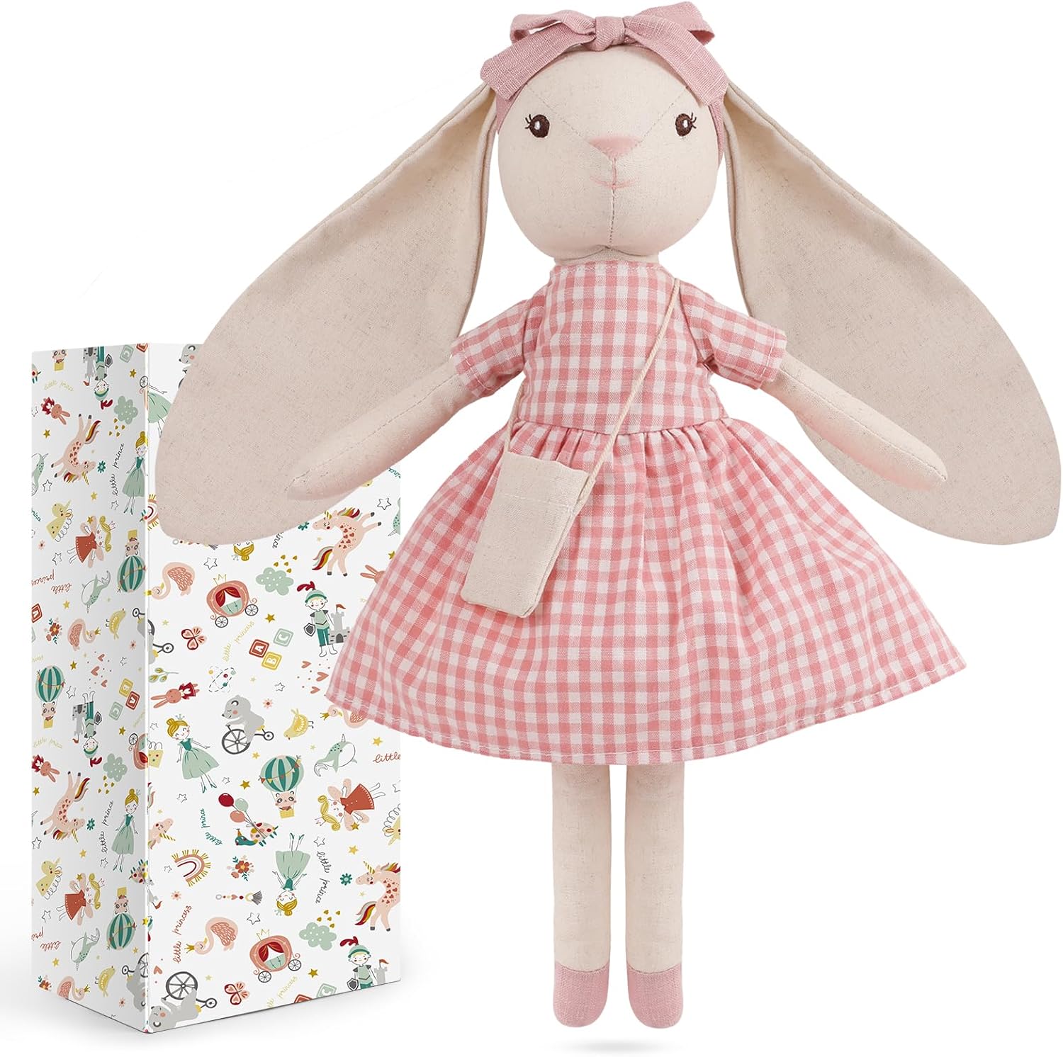 15" Bunny Stuffed Animal for Girls, Plush Toy Doll -Wearing Pink Plaid Dress,Cute Doll Set Dress Up for 3 4 5 Year Old Girl - Gift for Little Girl, Birthday, Easter,Christmas