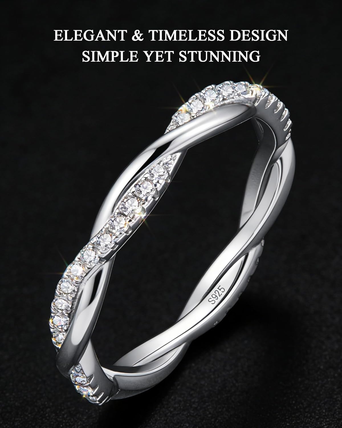 Moissanite Engagement Ring for Women, Twisted Infinity Eternity Band Rings, 925 Sterling Silver with 18K White Gold Plated, Stackable Moissanite Wedding Sets for Women, Promise Anniversary Ring