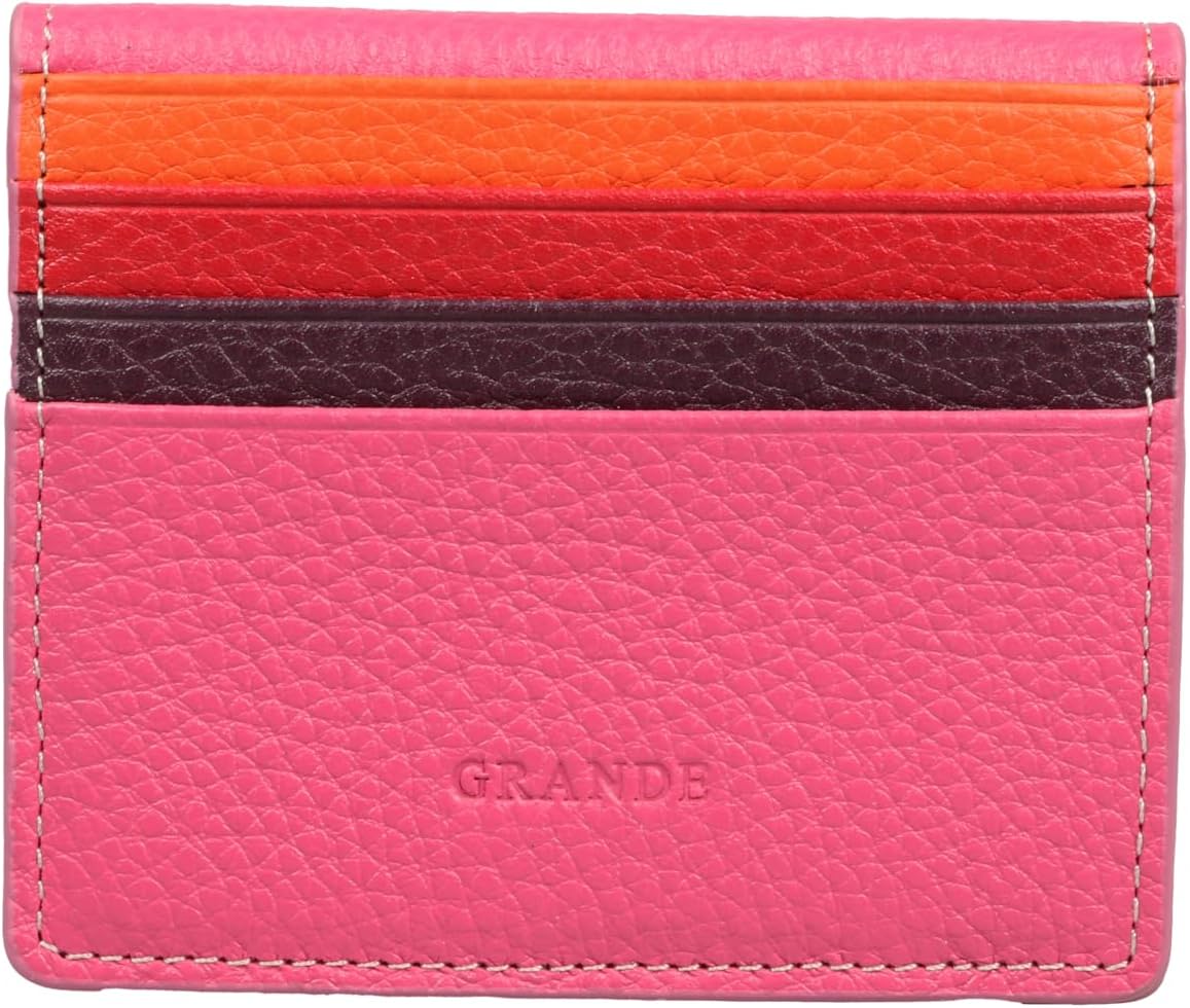 grande 762 Genuine Leather Card Holder For Men Slim Minimalist Card Case Small Magnetic Wallet - Pink Multicolor