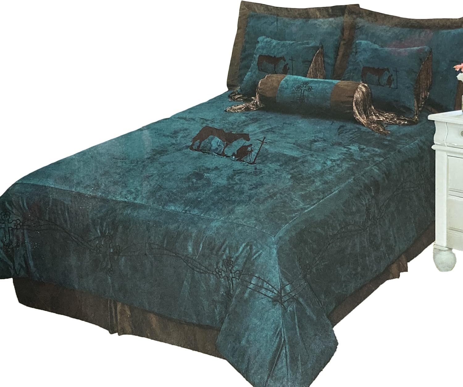 Western Peak 7 Pieces Turquoise Embroidery Texas Western Praying Cowboy Cross Luxury Comforter Micro Suede Bedding Set (Queen, Turquoise)