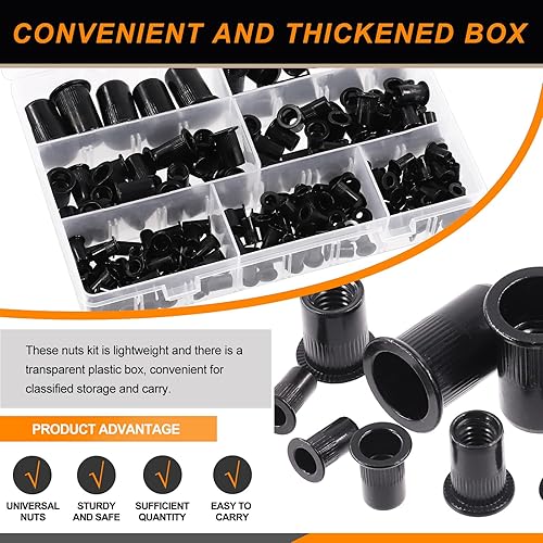 Miniatura 5 de Rustark 180 tuercas de remache métricas de acero al carbono chapado en zinc negro Kit surtido de tuercas remachadas de cabeza plana moleteadas