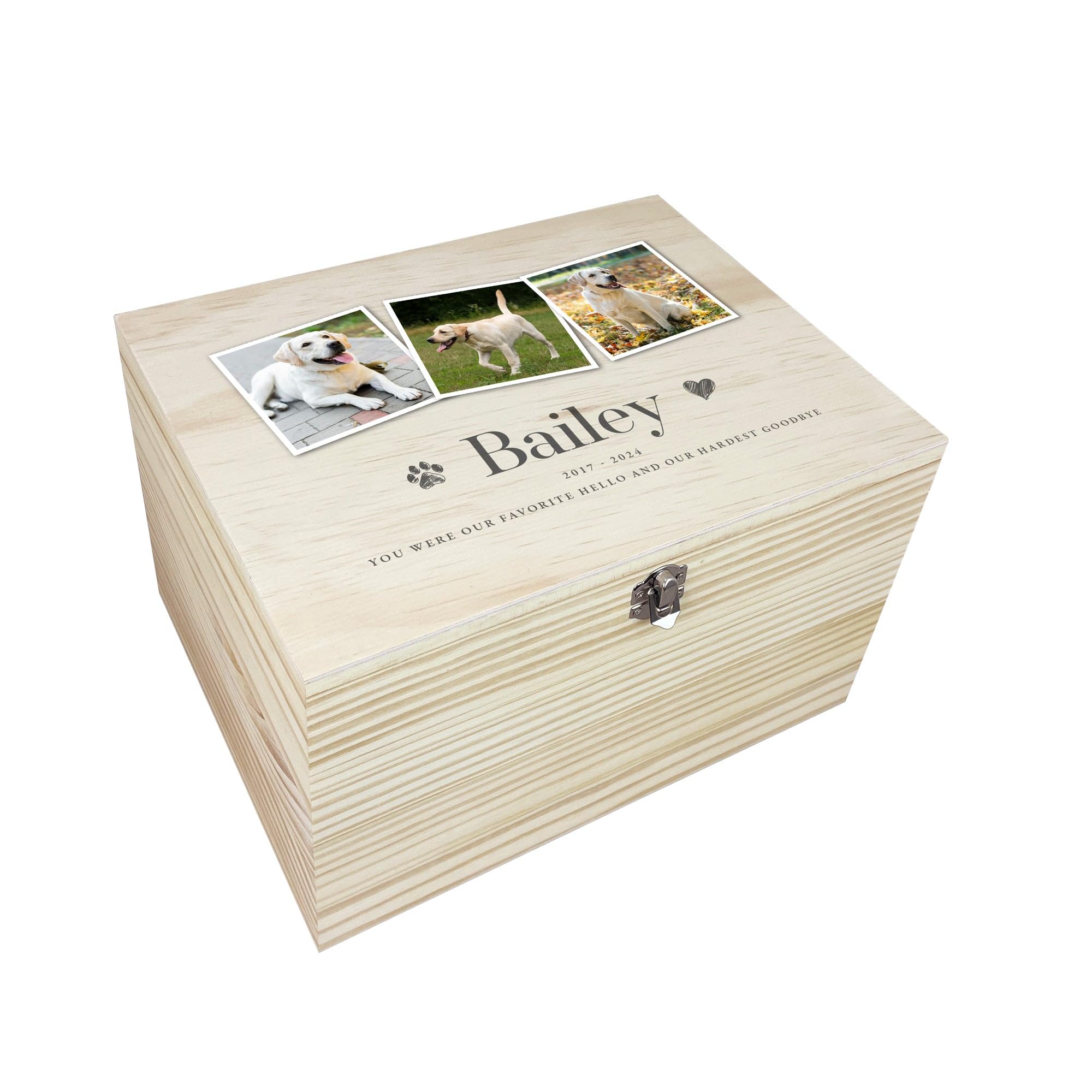 Personalised Wooden Pet Memorial Three Photo Keepsake Box | Customisable Name, Dates and Verse | Gift for Dog or Cat Remembrance | Pine Wood with Metal Hinges and Clasp | W30 x D23 x H18cm