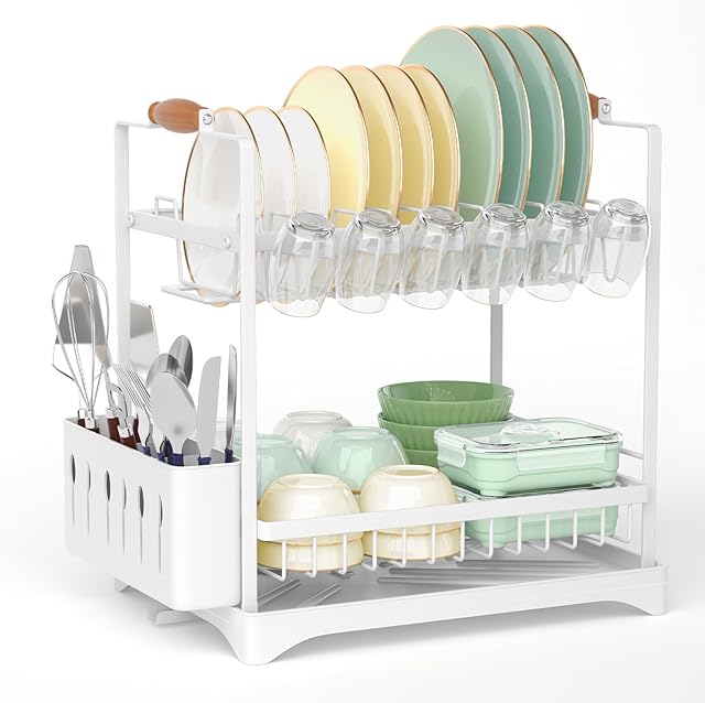 E-ROOM TREND 2-Tier Dish Drying Rack White Large Capacity Dish Drainer with Drainboard Trays Durable Utensil Holder Set Dish for Kitchen Counter Cups Dishes Cutlery(DR201W)