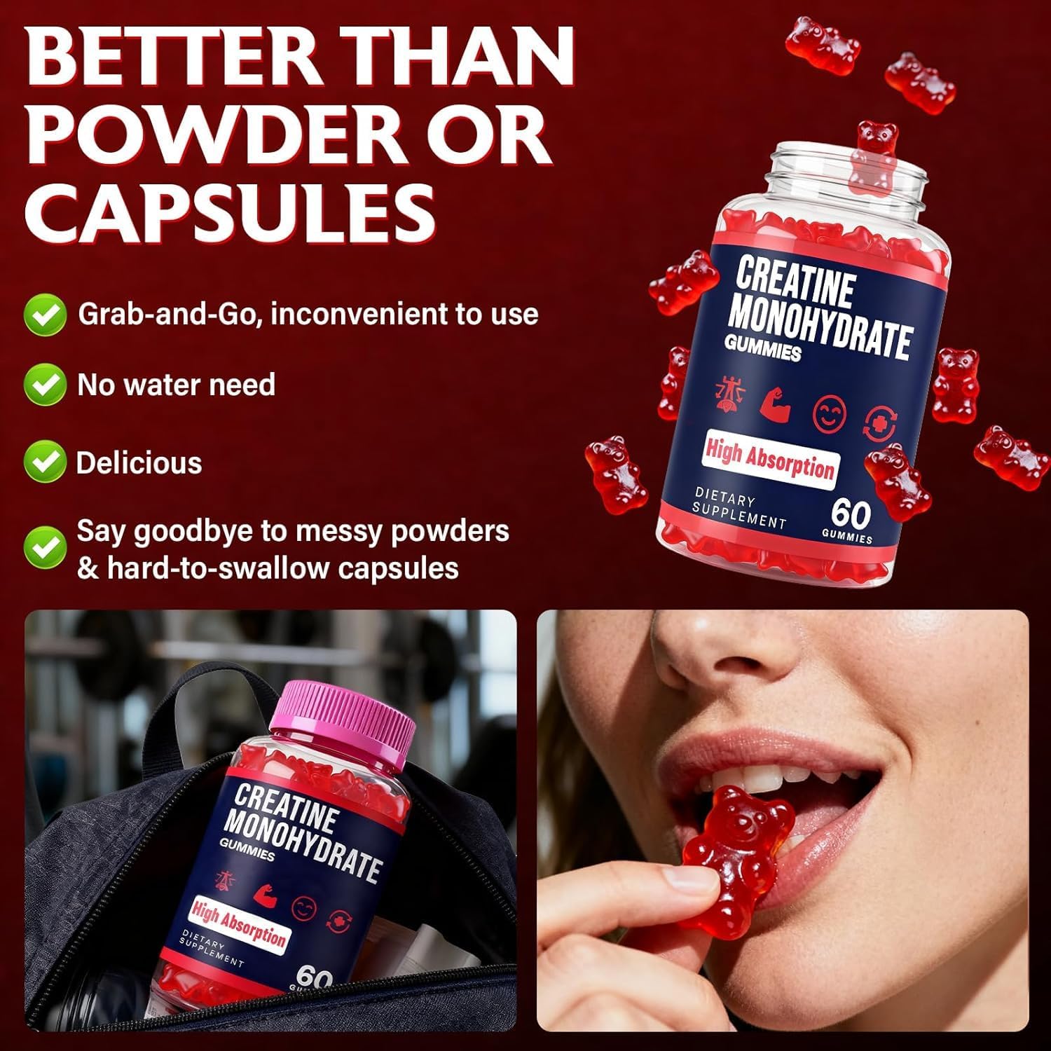 Creatine Monohydrate Gummies for Women & Men, Creatine with Taurine & B6, Chewable Creatina Pre Workout Gummies for Max Strength & Muscle Growth, Energy, Endurance, Creatine for Men & Women - 2 Packs