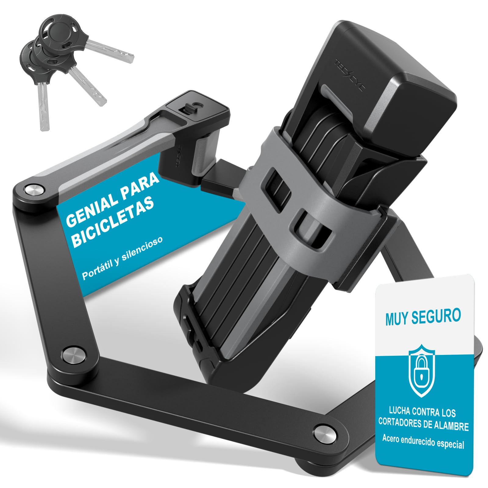 TECHCYC Candado Bicicleta Plegable con Soporte, Fácil de Llevar, Candado Bicicleta de Acero de Alta Seguridad 3 Llaves, Universal para Bici, Motocicleta y Scooter Patinete Electrico (86cm)