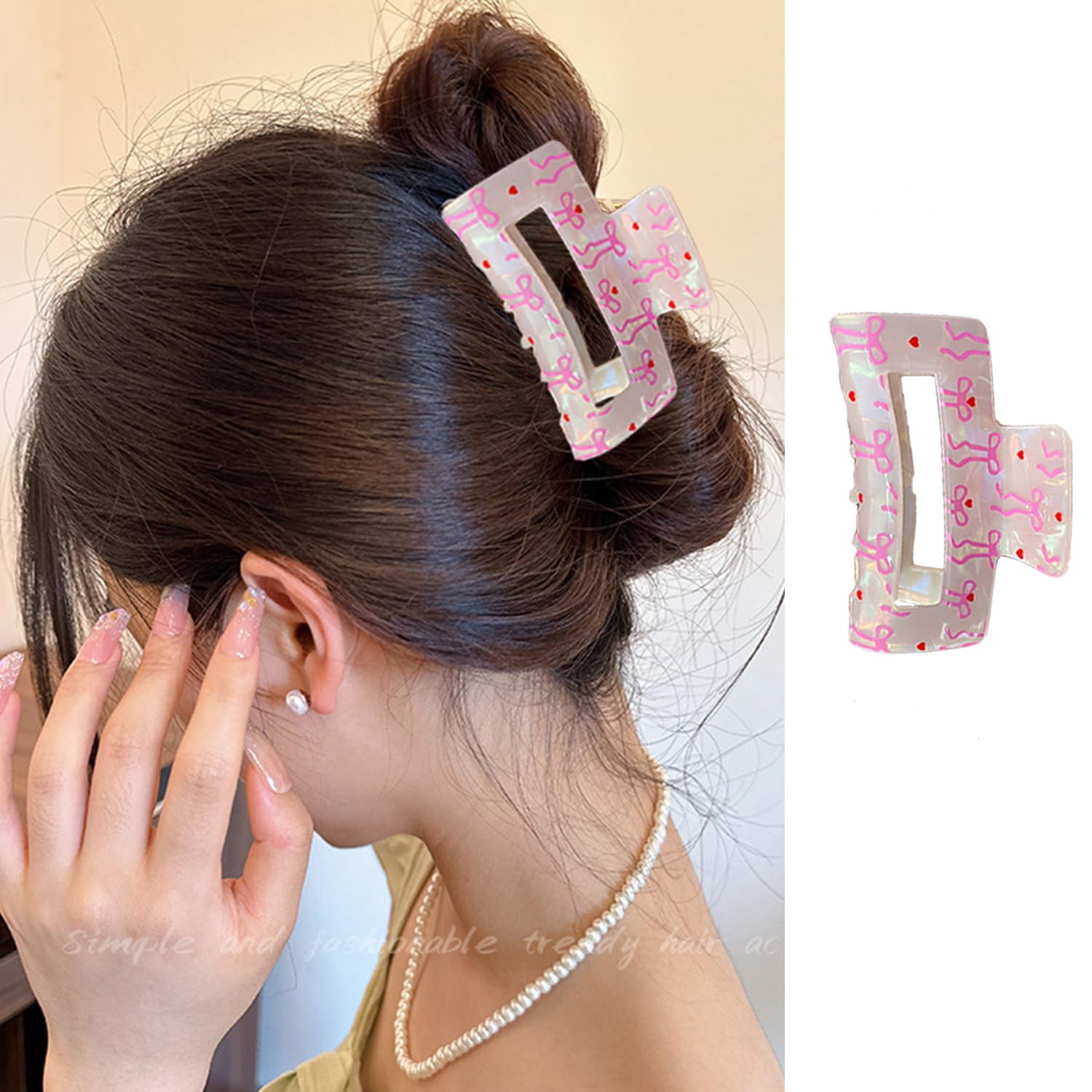 Bow Hair Clips Summer Hair Claw Clips for Women, Pink Bow Hair Claw Summer Holiday Hairpin Acrylic Hair Catch Clip Cute Hair Accessories Kawaii Hair Jaw Clamp Fashion Hair Barrettes for Women