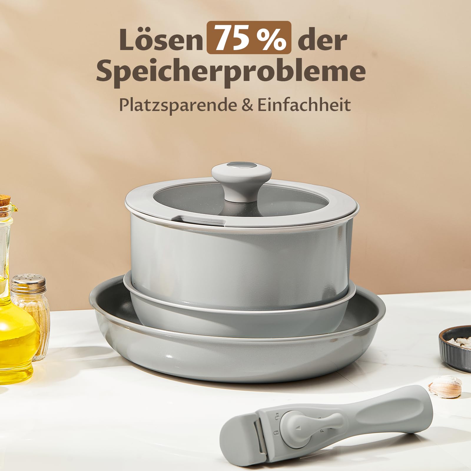 BLAZANT Topfset mit Abnehmbarer Griff, 7-Teilig Topf und Pfannenset, Keramik Antihaft Pfanne, Molekulare Induktionsboden, Wohnmobil Kochgeschirr Set für Camping,PTOA/PTFE-frei, Stapelbar Platzsparend